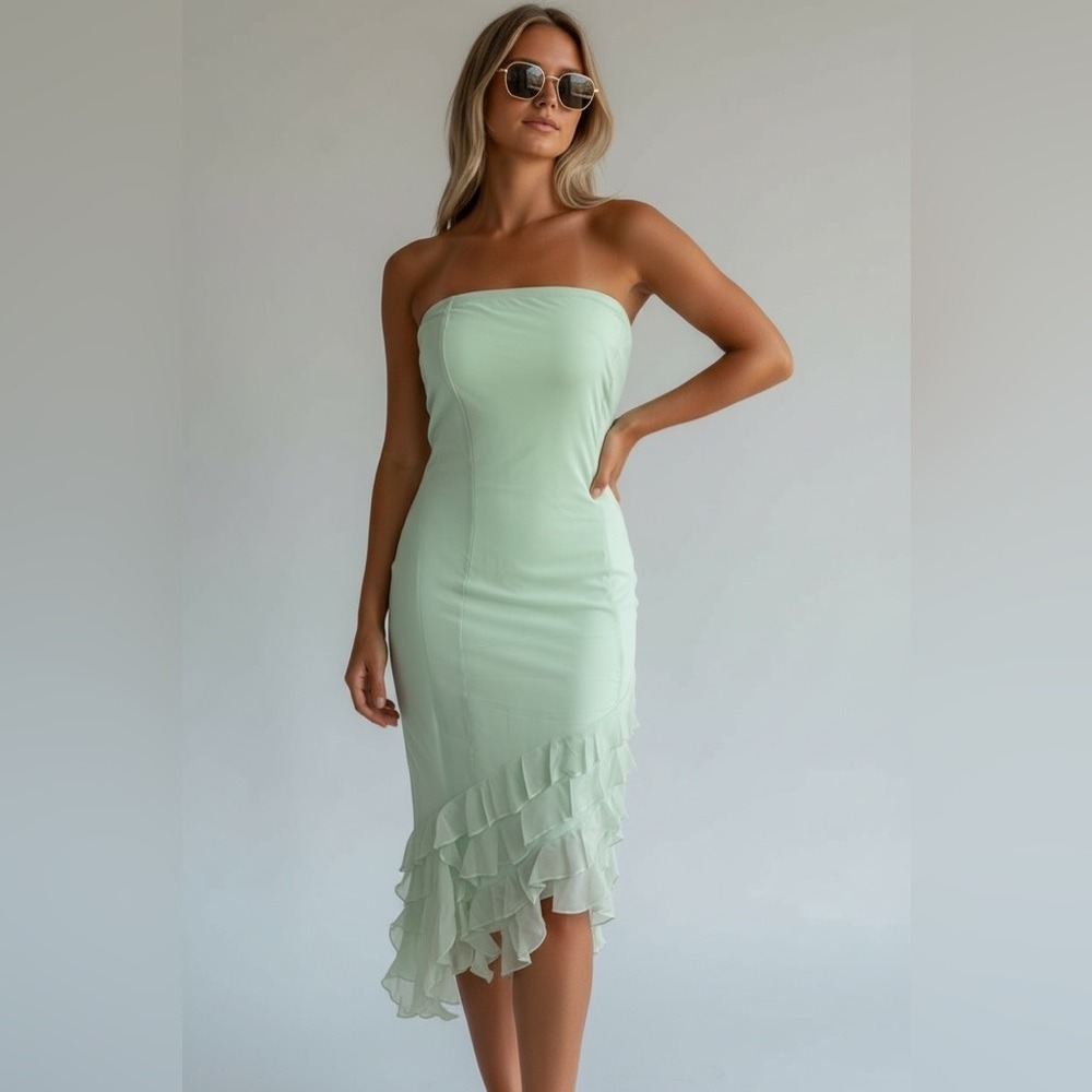 NEW Green Ruffle Strapless Bodycon Mini Dress Party Cocktail Asymmetric Large‎